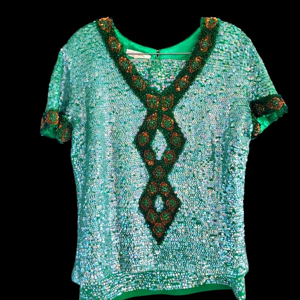 Vintage Sequin Beaded Green Skirt Set Size L 60s NWOT Cocktail Evening Wear - Picture 9 of 13